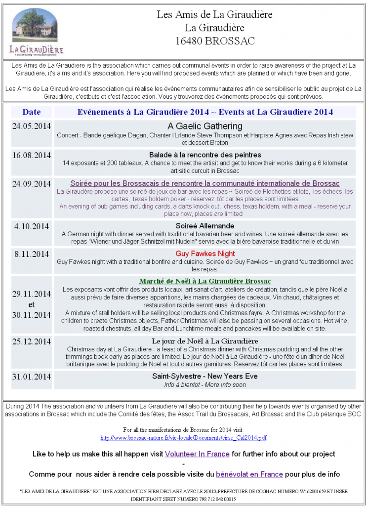 Calendar of Events at La Giraudière Calendar of Events at La Giraudière