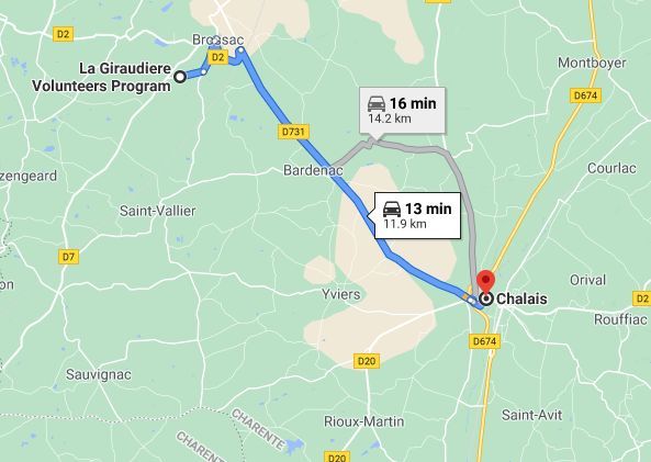 Map Chalais distance brossac